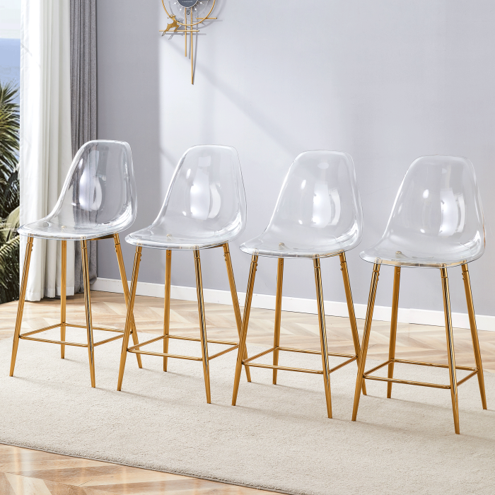 Taburete de bar transparente acrílico dorado con estructura metálica