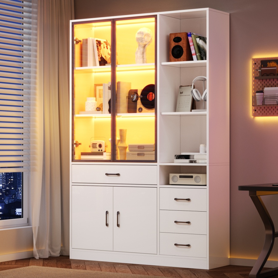 Vitrina con LED 4 cajones 4 puertas blanca 200x120x35cm
