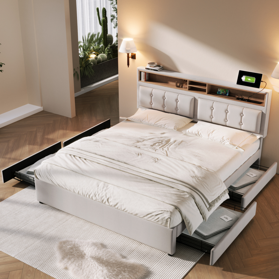 Cama 140x200cm con 4 cajones, usb y cabecero ajustable lino beige colchón