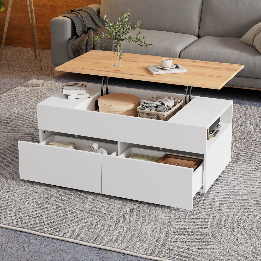 Mesa de centro con LED y 2 cajones madera natural 44,5x90x60cm