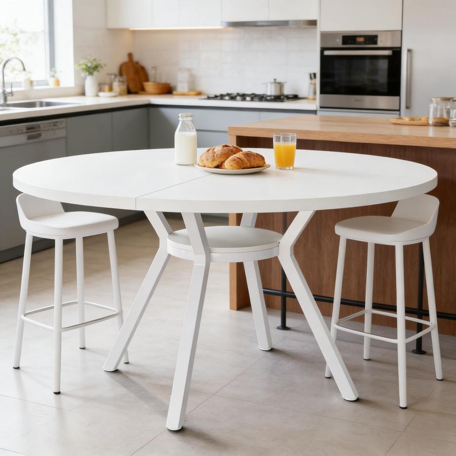 Mesa de comedor redonda para 4 a 6 personas madera y metal blanca 119cm