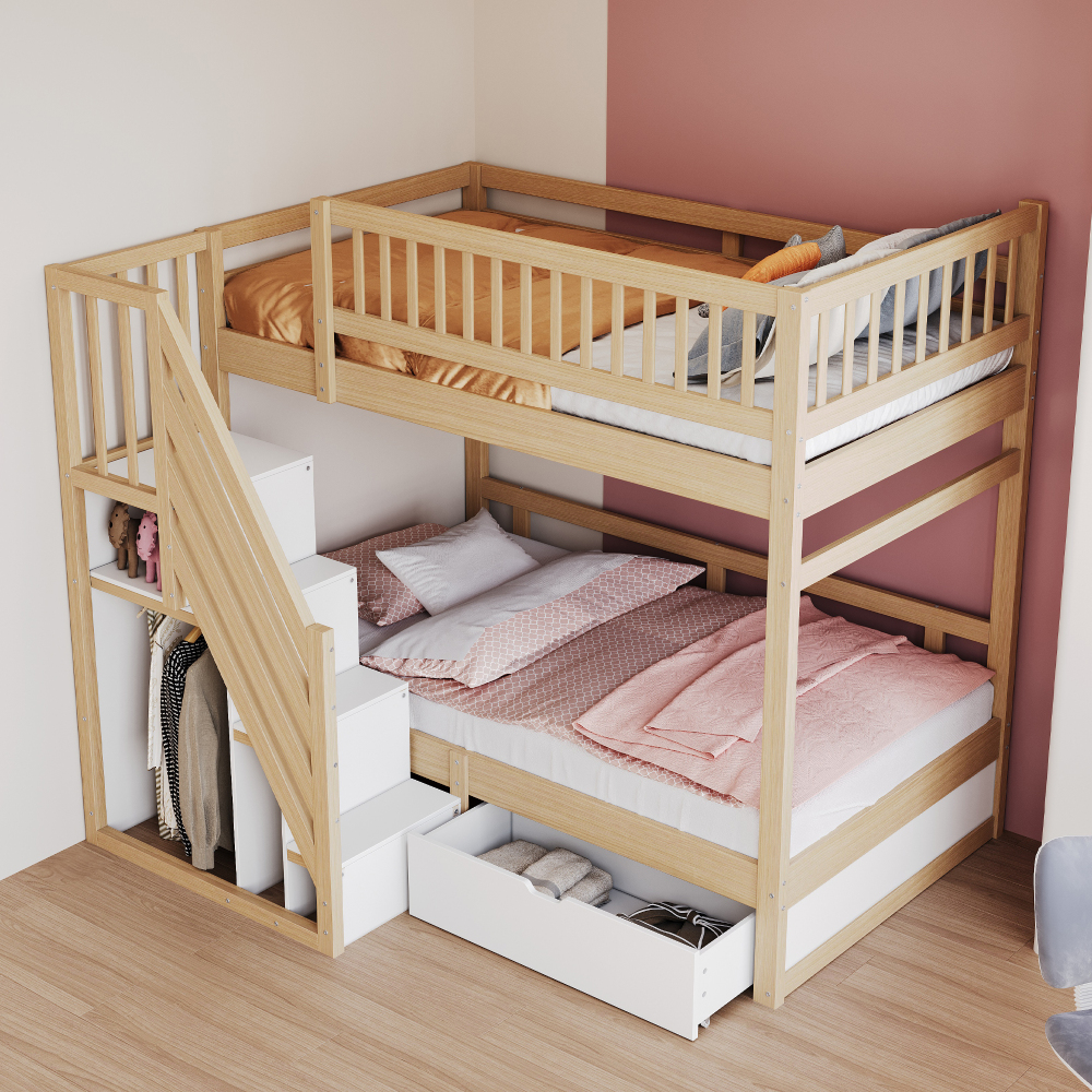 Litera 90x200cm con cajones, barandilla alta y somier, madera – natural