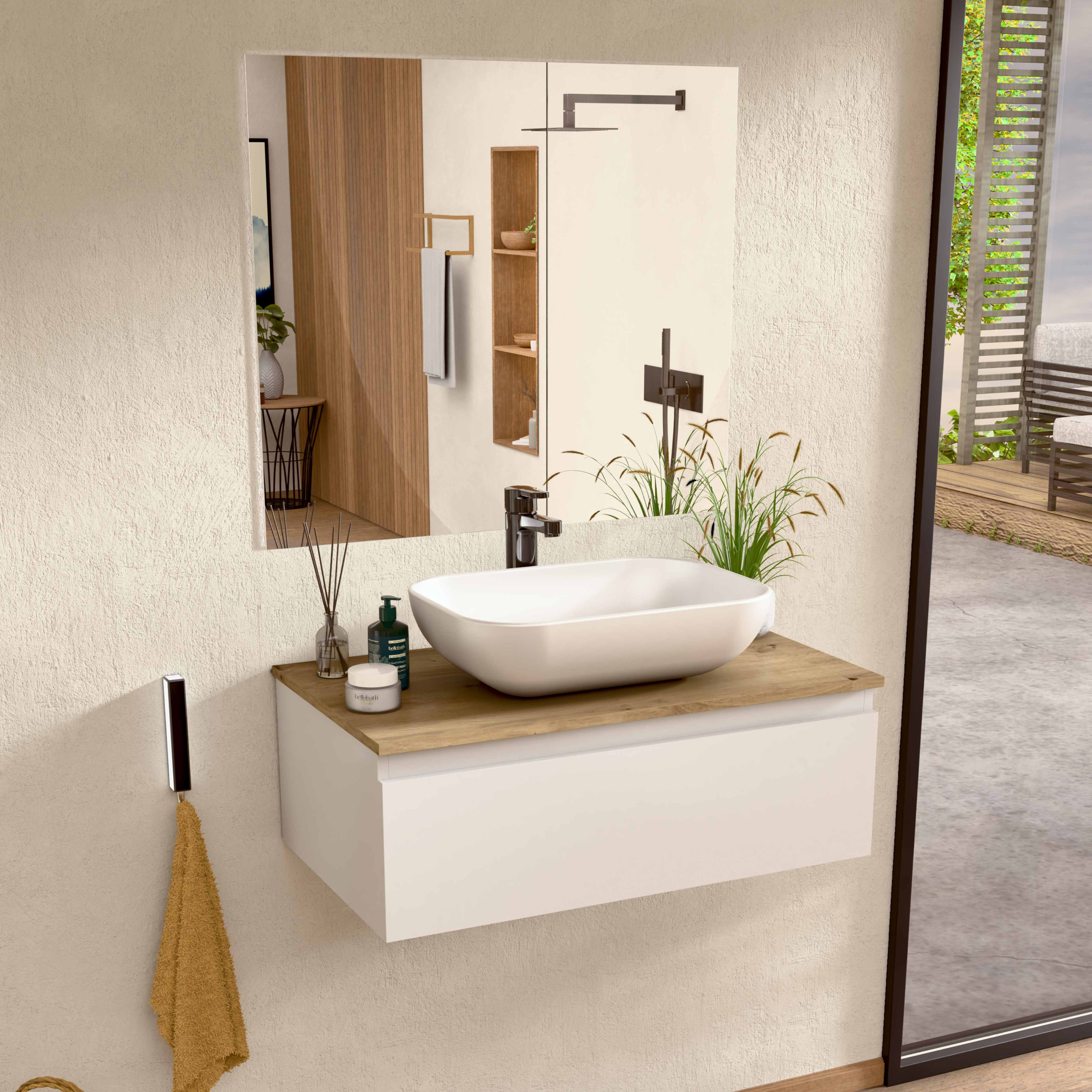 Mueble baño suspendido 80 cm blanco/roble, lavabo y espejo bellobath