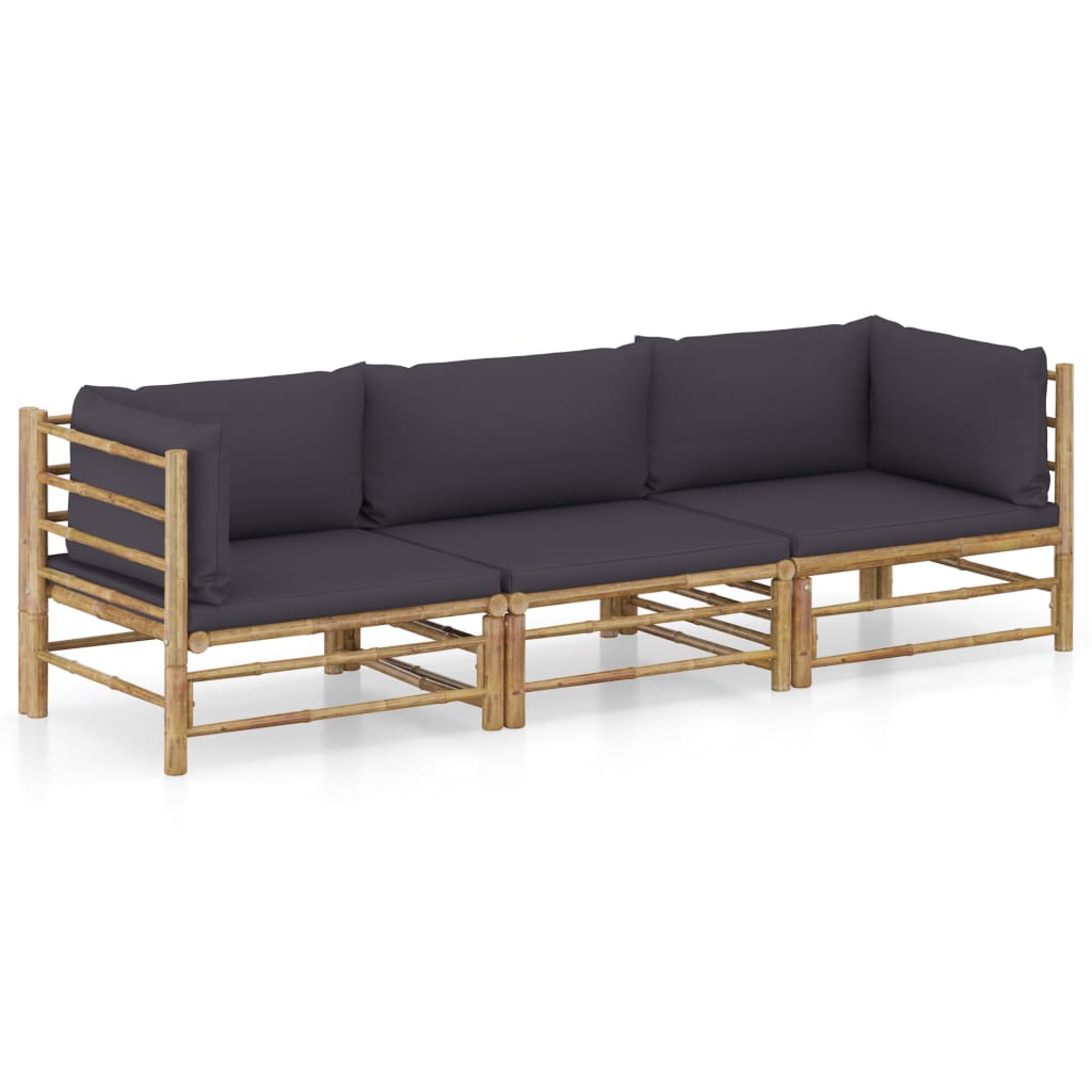 vidaXL set de muebles de jardín 3 piezas bambú y cojines gris oscuro