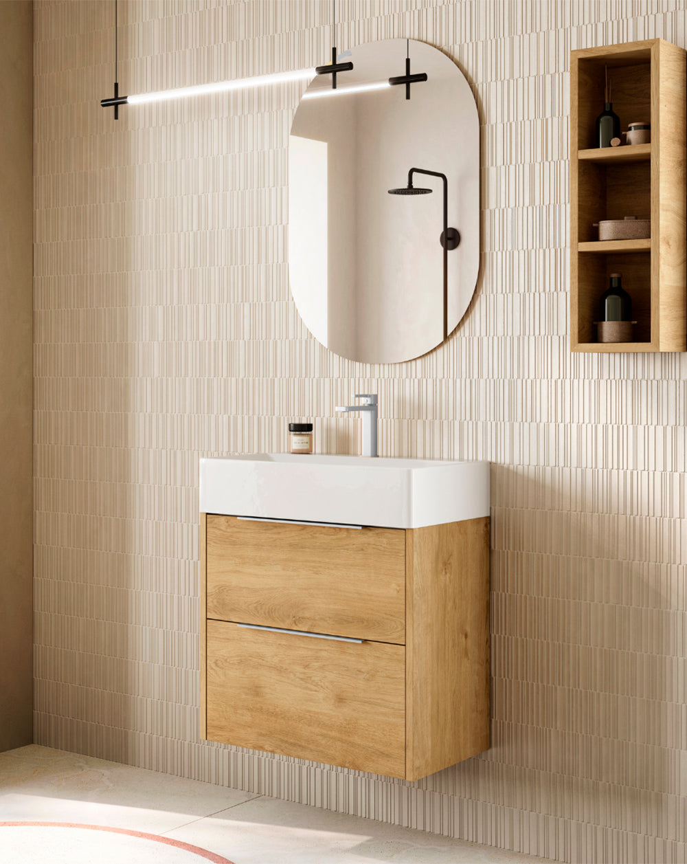 Mueble baño suspendido fondo reducido lavabo cerámico roble tirador cromo