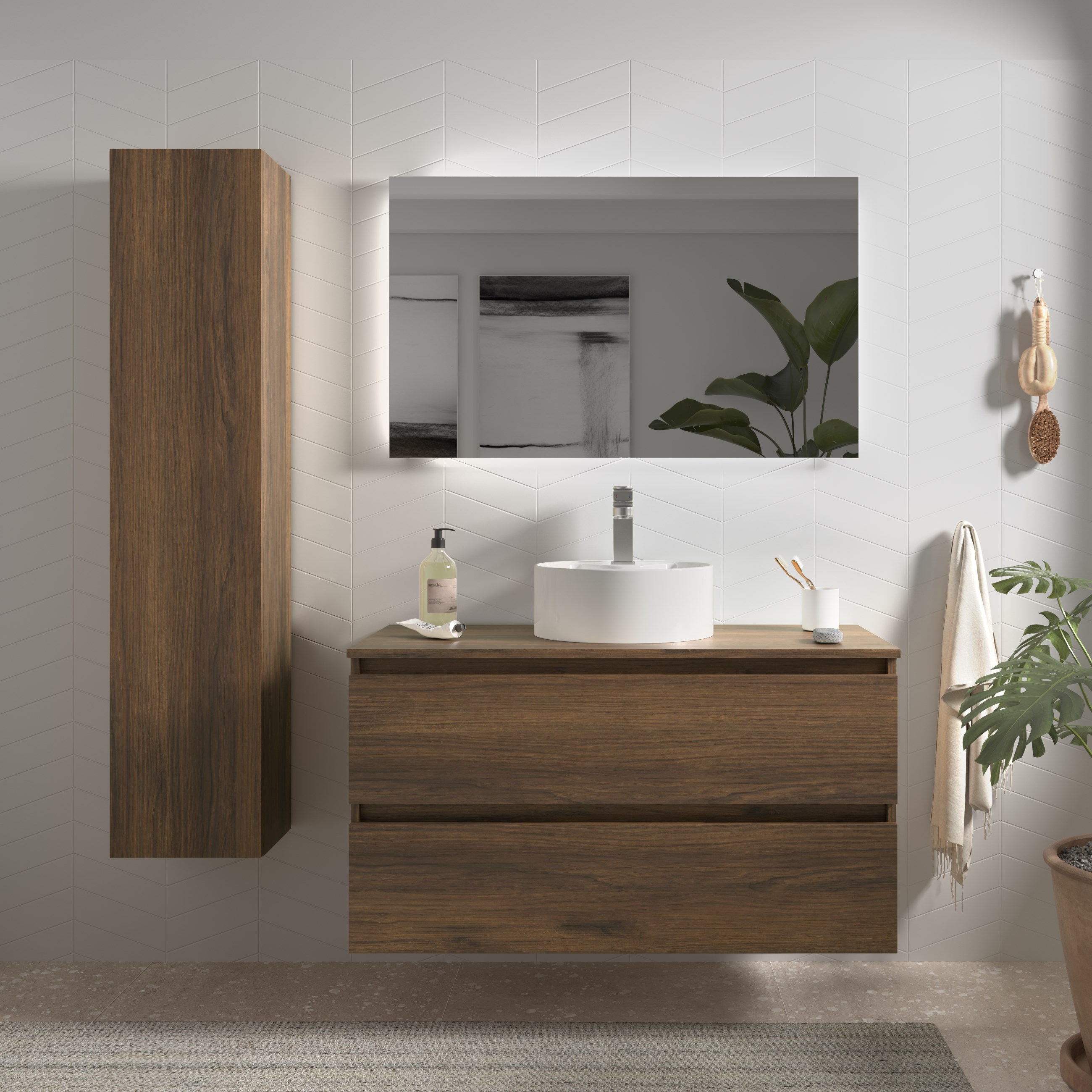 Mueble baño bequia 100cm + encimera + lavabo | nogal