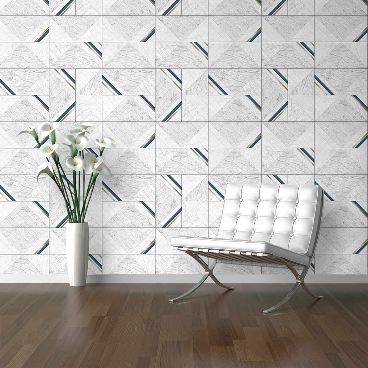 Papel pintado texturizado tnt geométrico mármol deco azul y oro