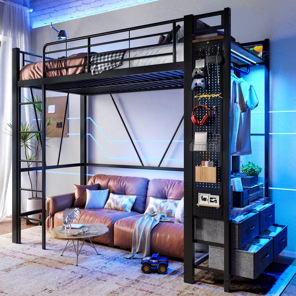 Litera 90x200 cm con LED y usb tipo c metal y mdf – color negro