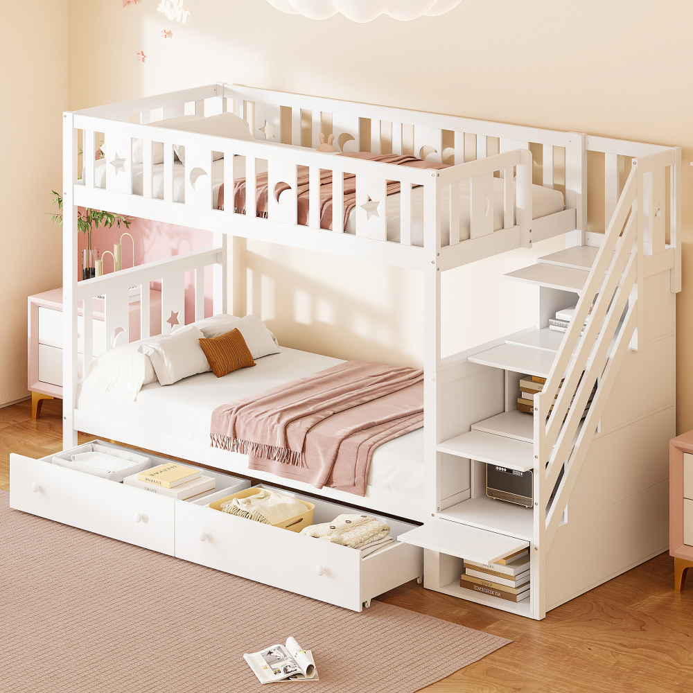 Litera 90x200cm con 2 cajones y escalera con almacenaje madera – blanco