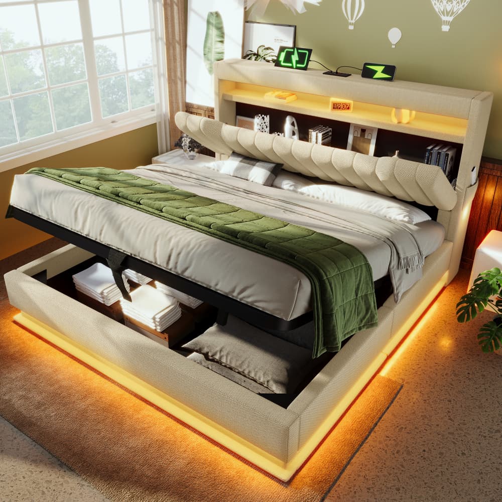 Cama tapizada 140x200cm con LED, usb y canapé hidráulico lino – beige