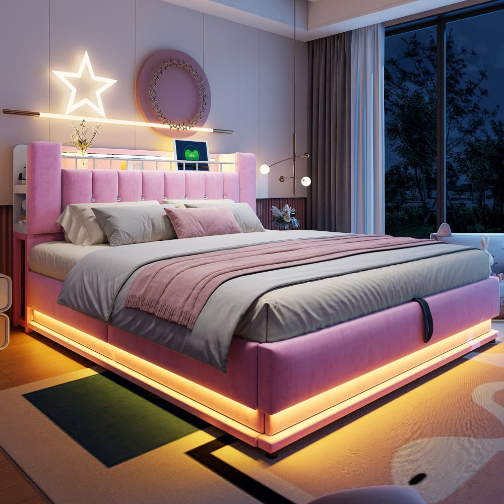 Cama tapizada 180x200 cm con LED, usb y canapé hidráulico terciopelo – rosa