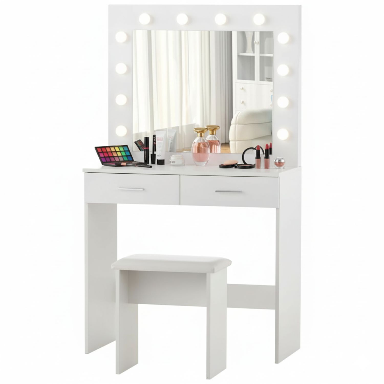 Tocador con espejo LED 140x80x40 | 2 cajones amplios | taburete acolchado