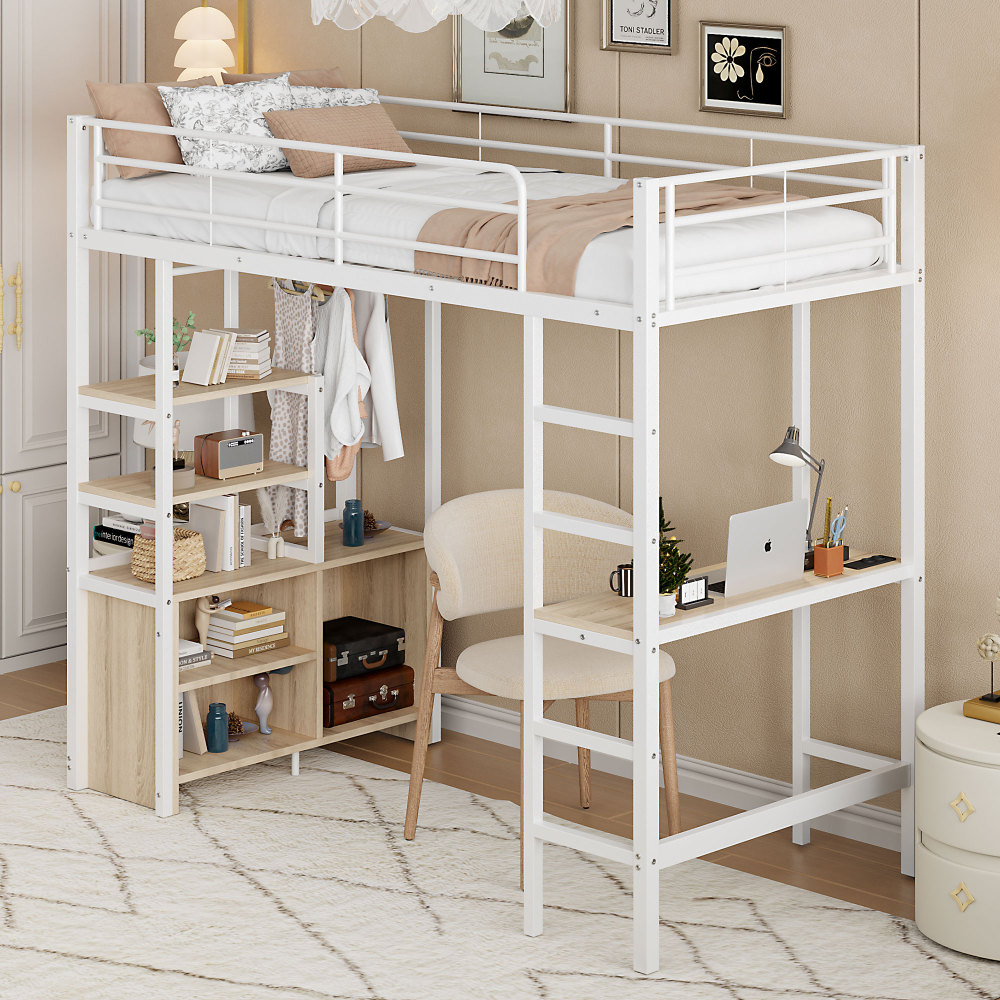 Cama alta 90x200 cm con escritorio, usb y estanterías metal – color blanco