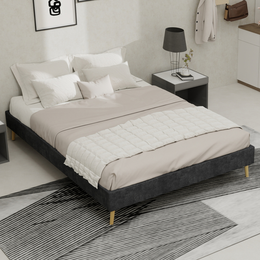 Base de cama tapizada 140x200 cm perfil bajo tela y metal – color gris