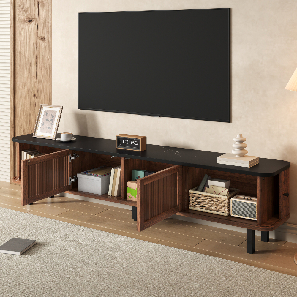 Mueble de tv con puertas correderas y rejilla nogal 45x190x35cm
