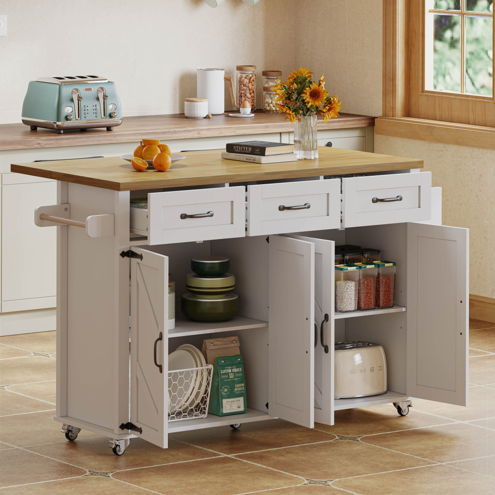 Isla de cocina abatible 4 puertas 3 cajones blanco+natural 90,5x140x43cm