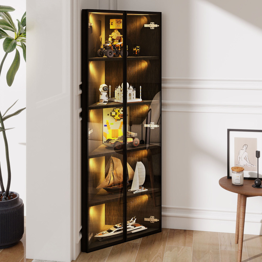 Vitrina de esquina con LED mdf y vidrio negro 160x62x35cm