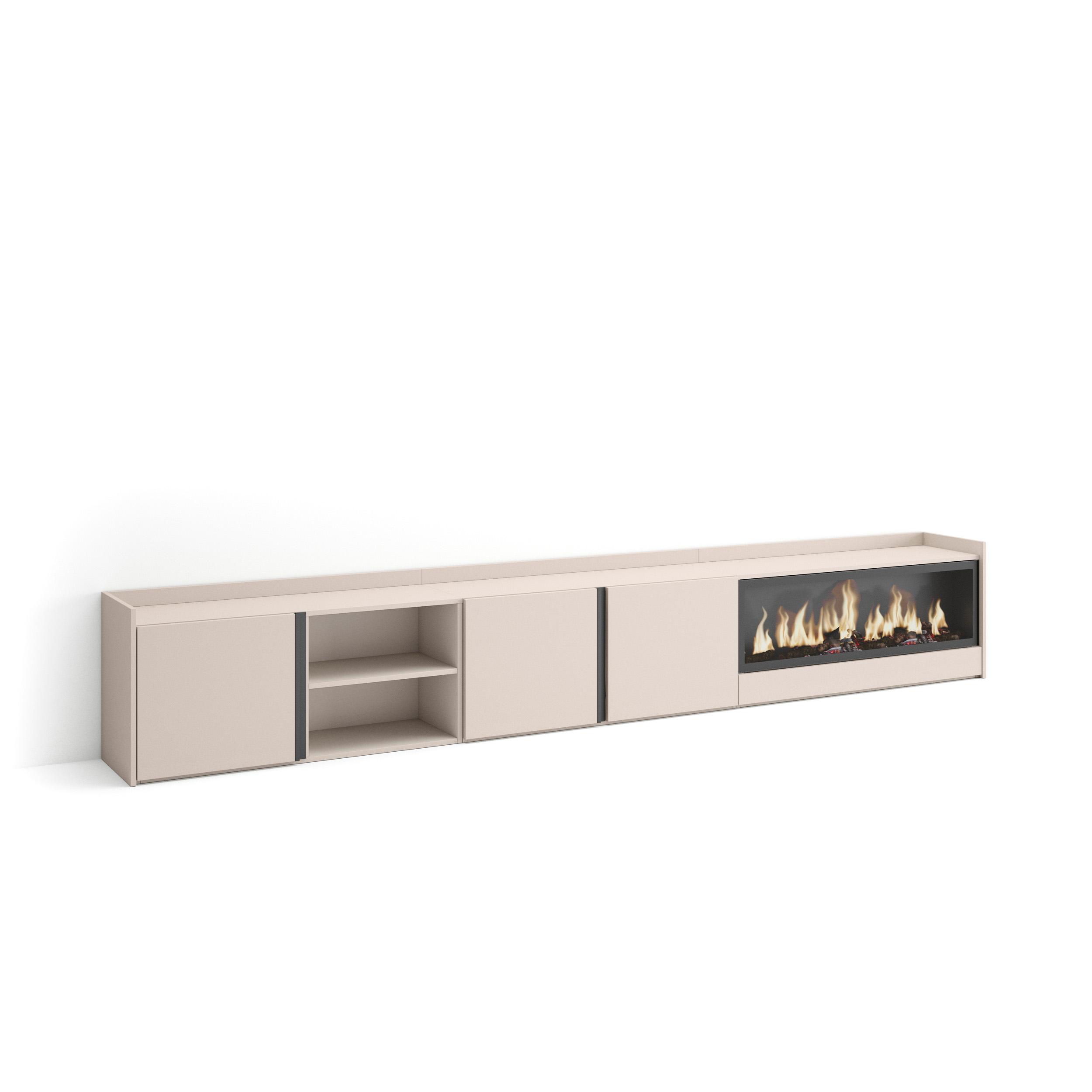 Mueble tv, 315x35x50cm, beige, chimenea eléctrica xxl rf4772