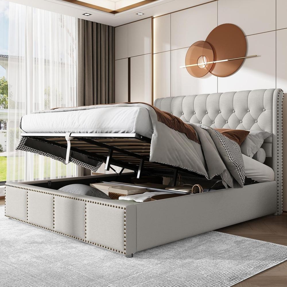 Cama tapizada con almacenaje hidráulico 140x200cm beige