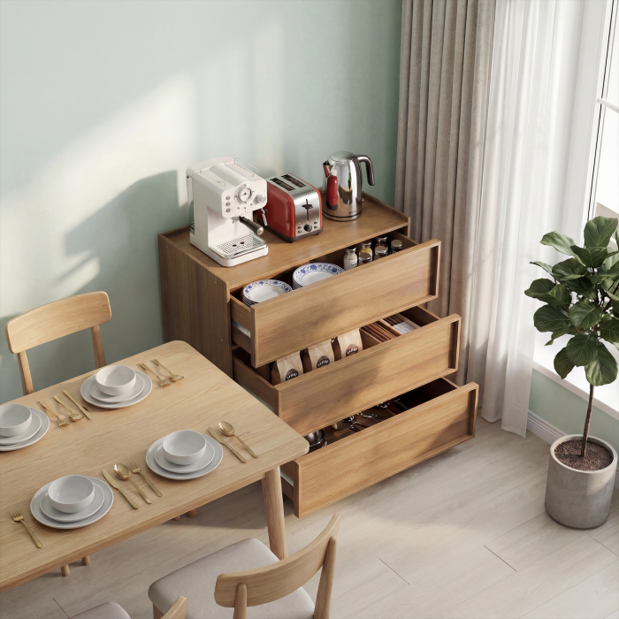 Cajonera para dormitorio salón 3 cajones roble 78x80x48cm