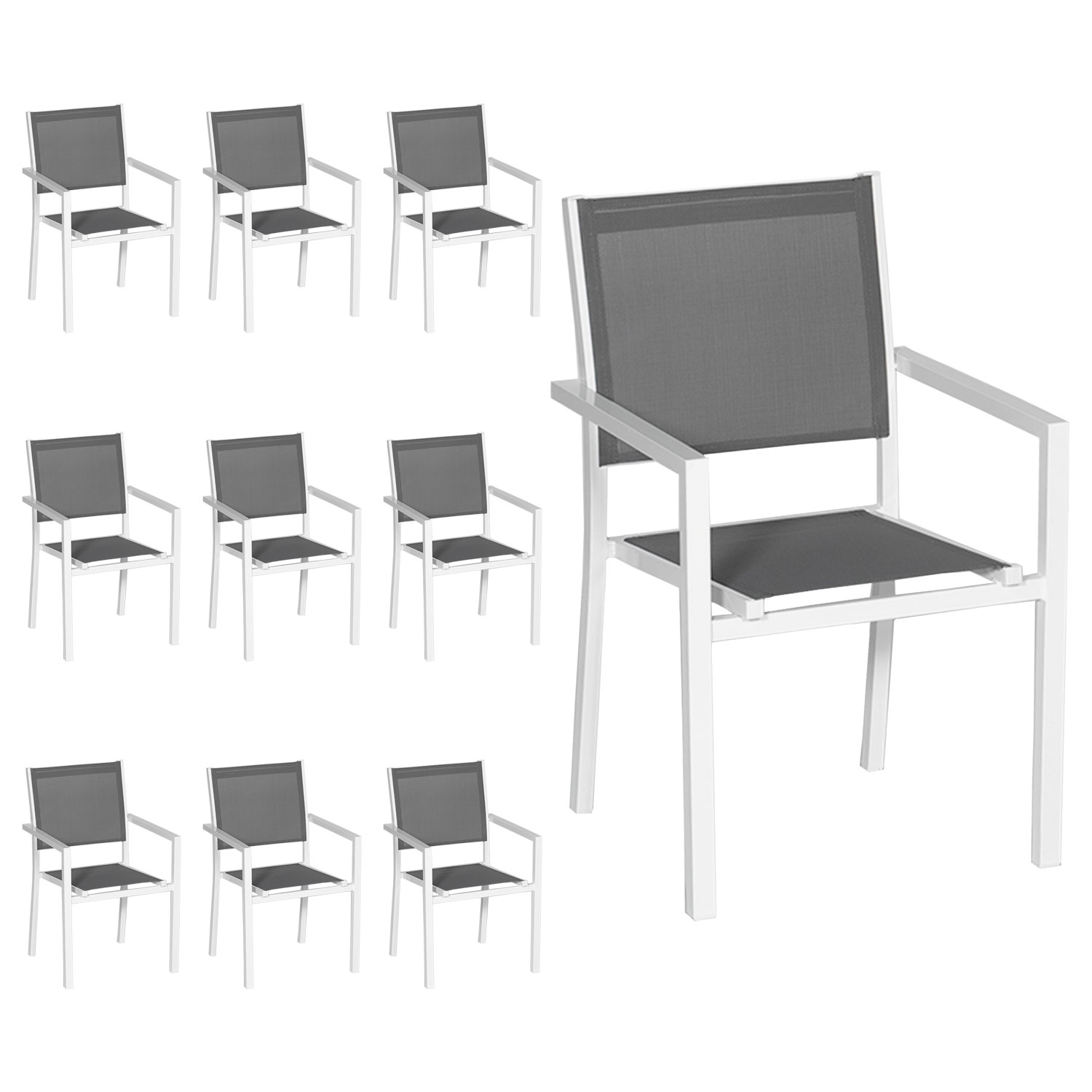 Juego de 10 sillas de aluminio blanco textileno gris
