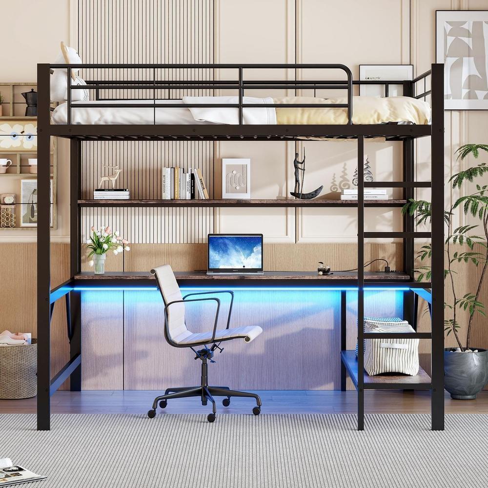 Cama loft 140x200cm negra con escritorio, LED, usb y enchufes
