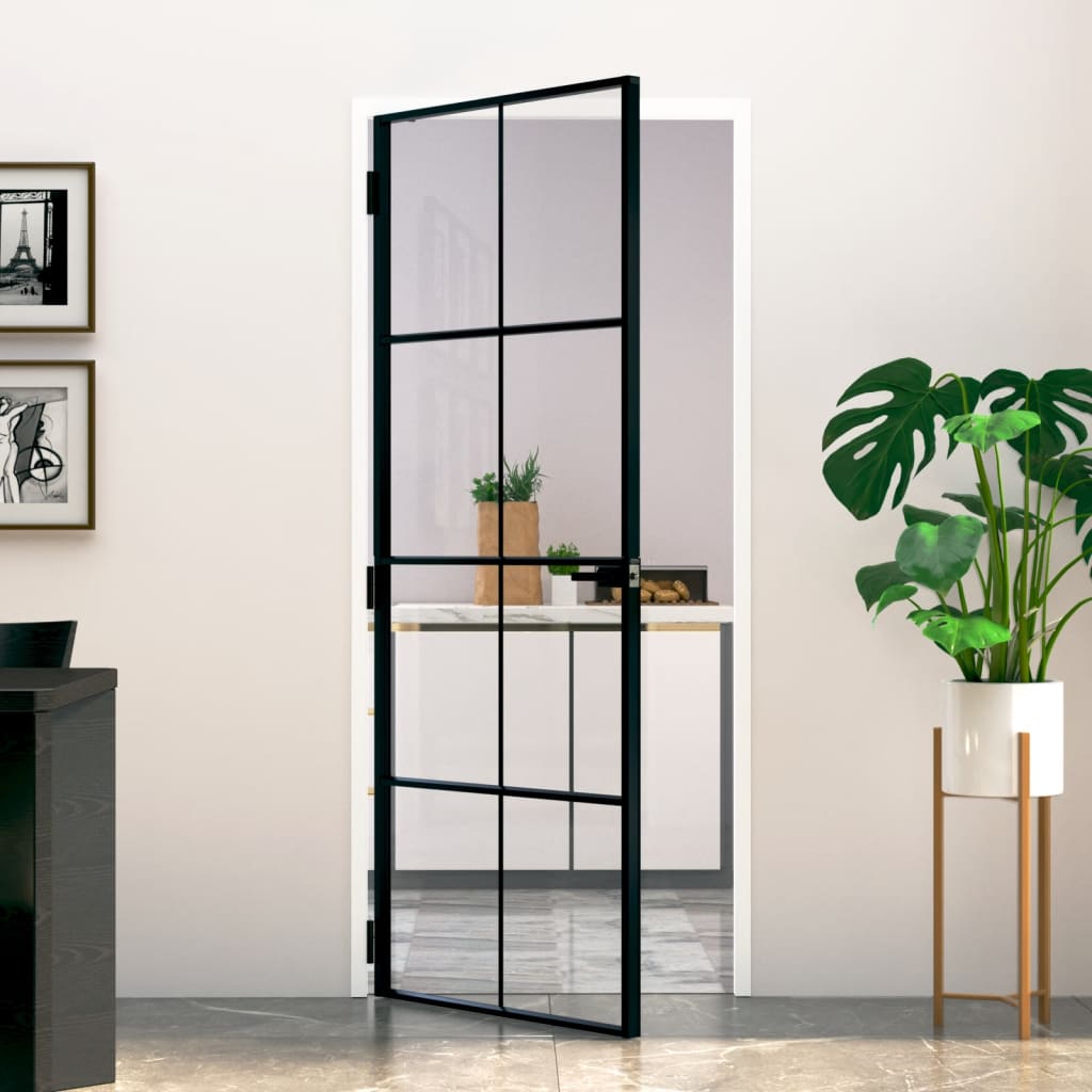 Puerta de interior vidrio templado y aluminio negro 83x201,5 cm wef3883