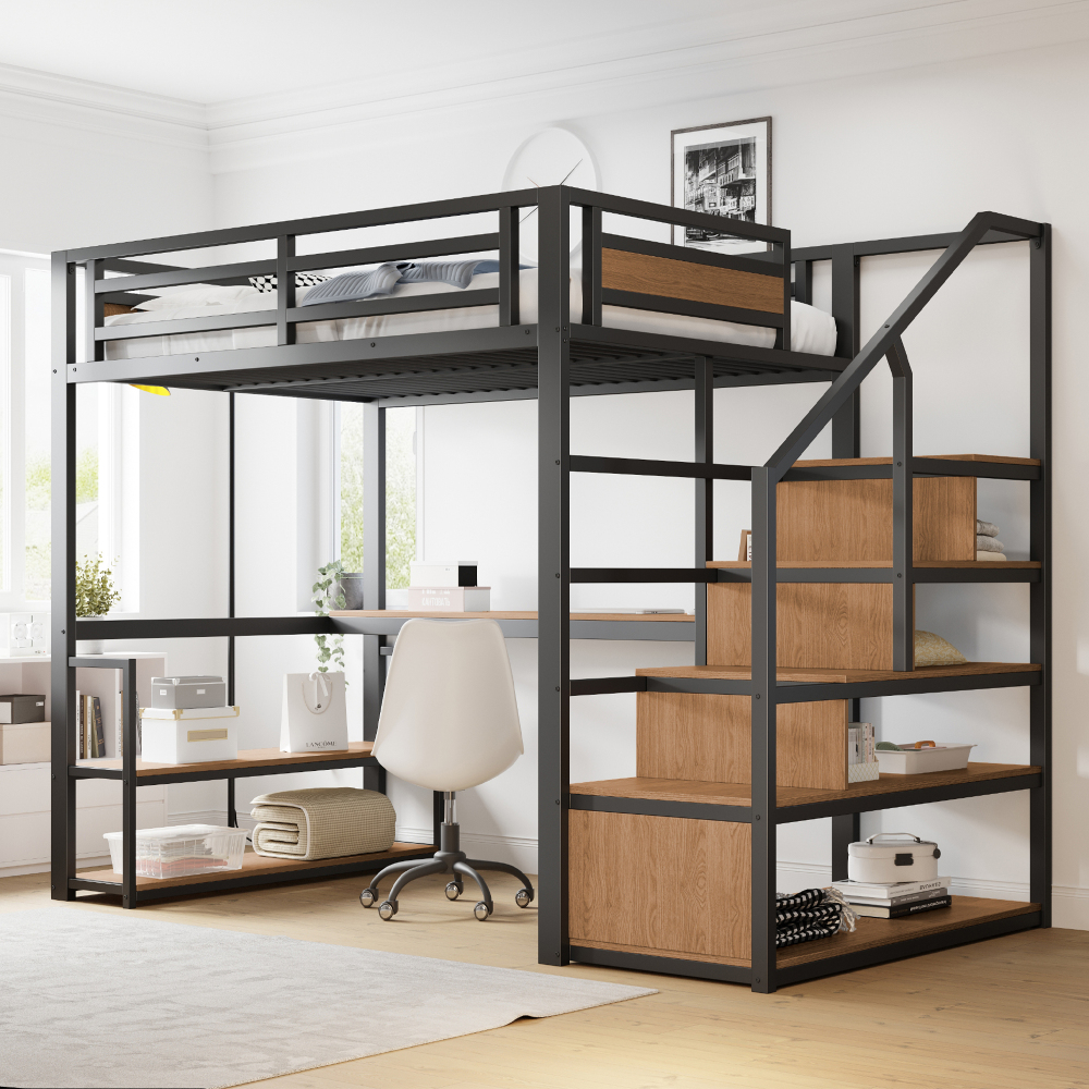 Cama alta metálica 140x200cm con escritorio, estantes y almacenaje negro