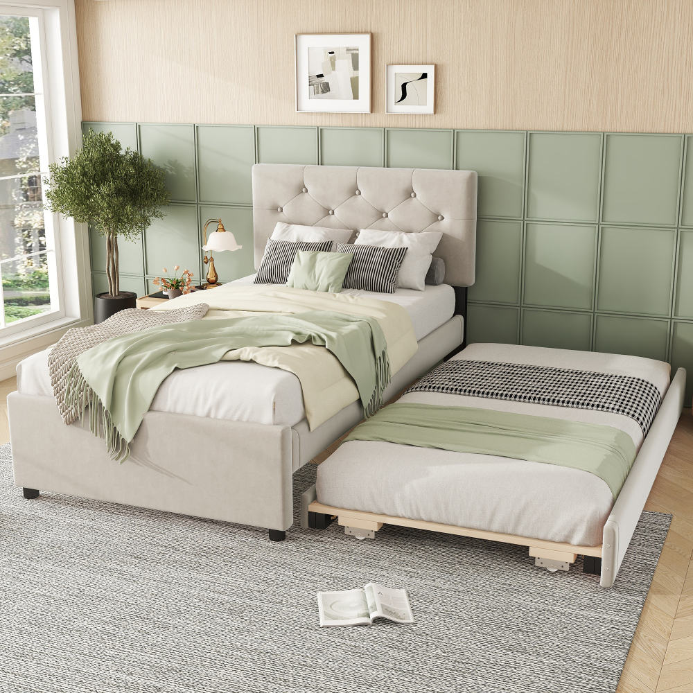 Cama tapizada 90x200 cm con cama nido y somier terciopelo – beige