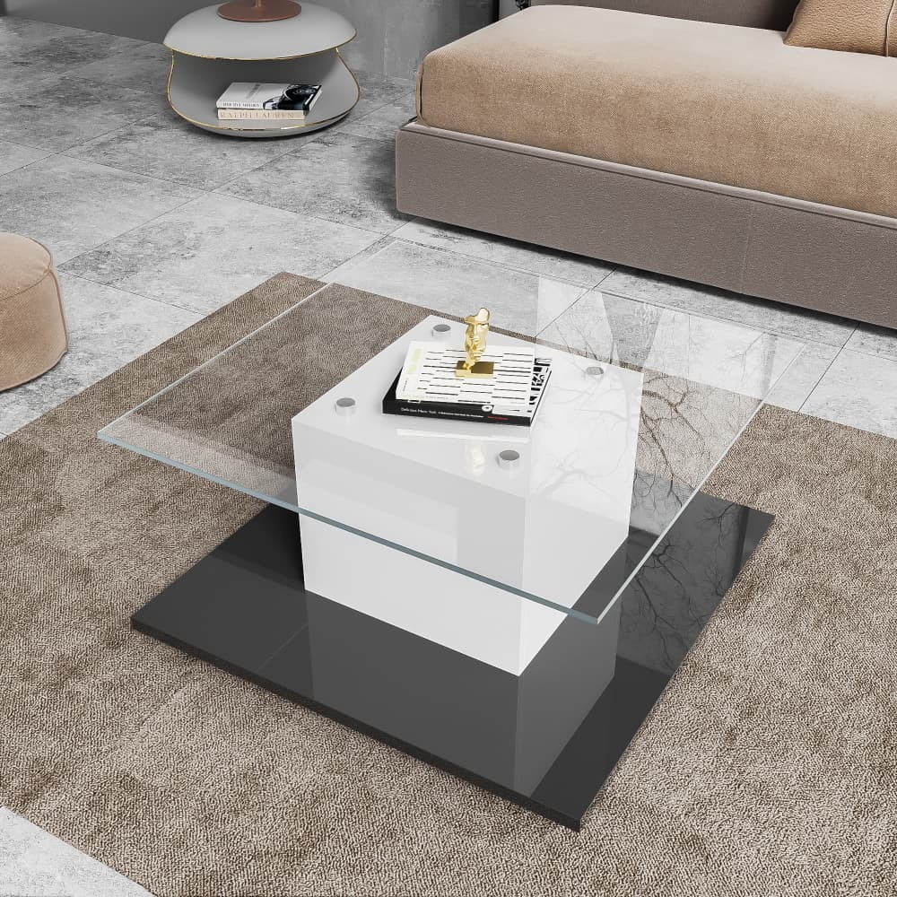 Mesa de centro con LED y ruedas vidrio blanco y negro 80x80x40cm