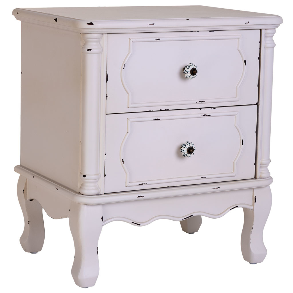 Mesita de madera blanco envejecido de 2 cajones 50x36x55h cm