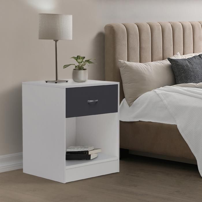 Mesitas de noche de madera blanca con cajón gris, lote de 2, 50 cm