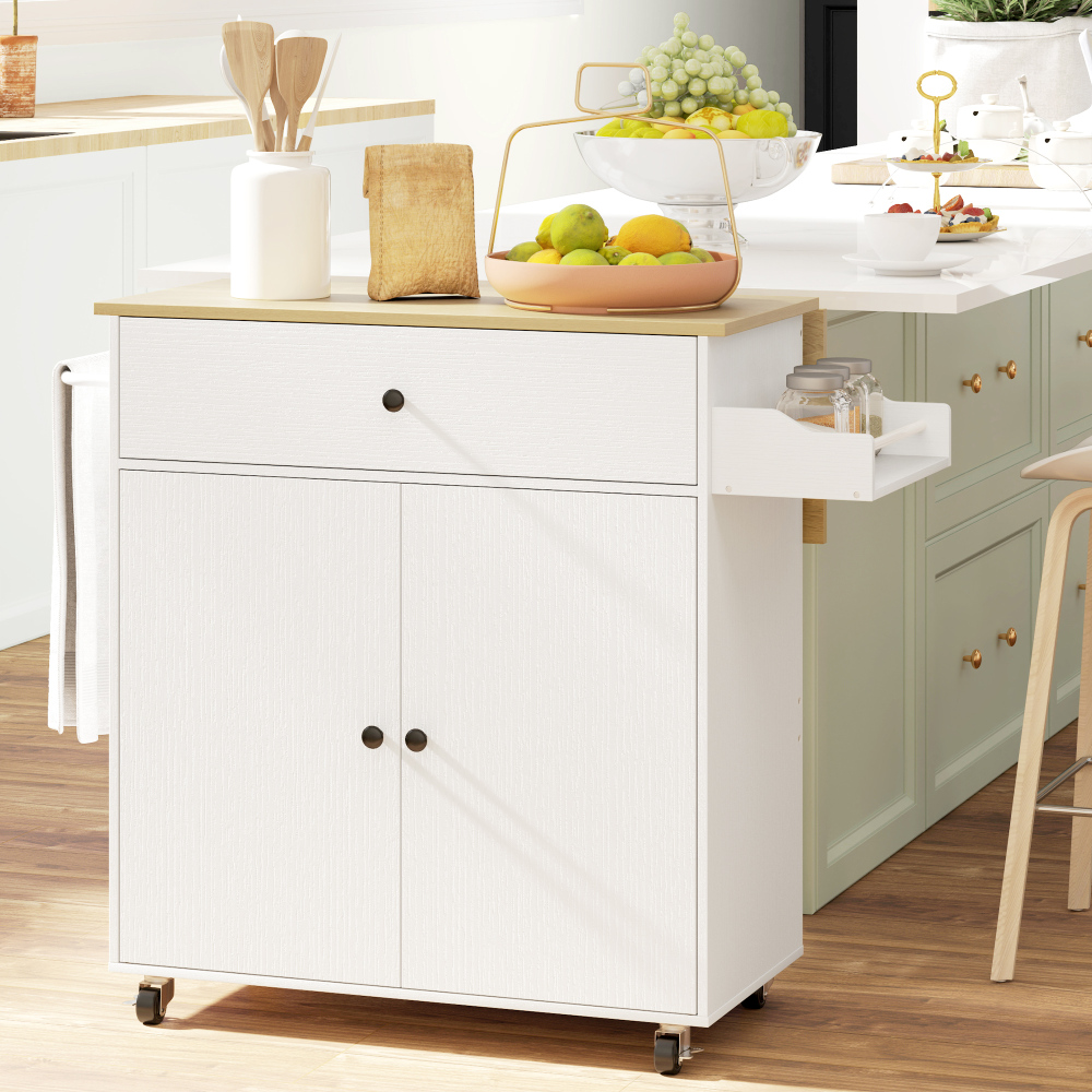 Isla de cocina con ruedas y encimera abatible mdf blanco 87x106x42cm