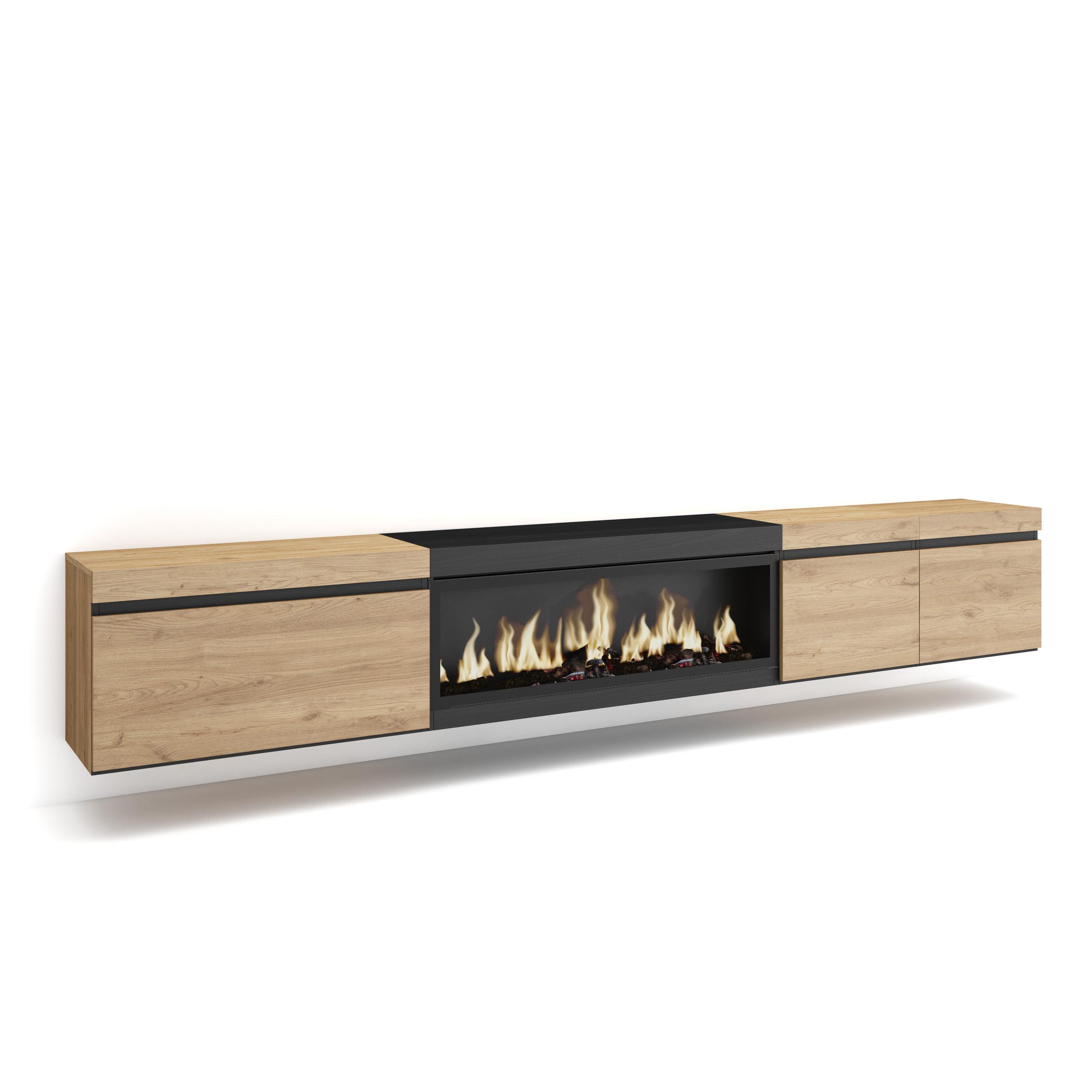 Mueble tv, 288x35x45cm, chimenea eléctrica xxl, colgado, suspendido rf3613