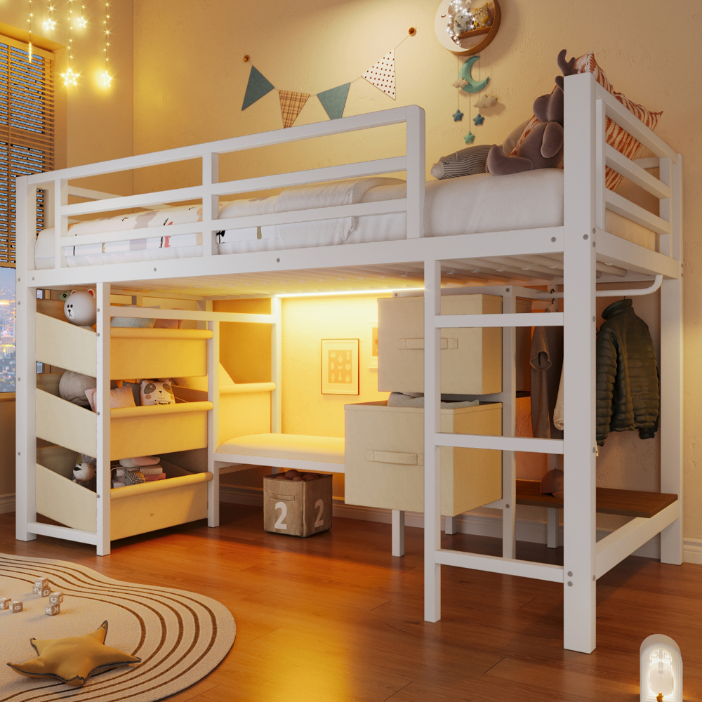 Cama alta 90x200cm con LED y almacenaje metal – color blanco
