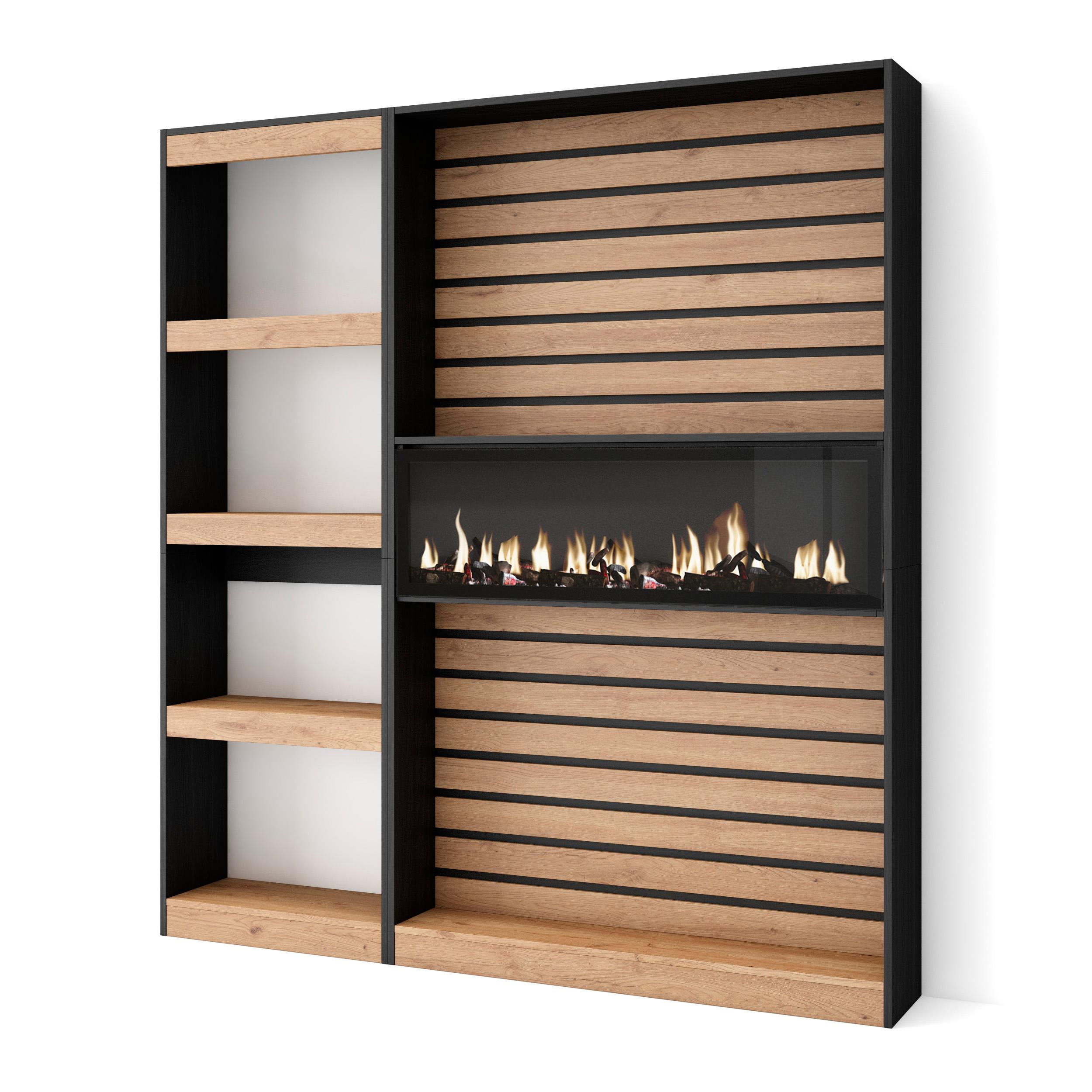 Librería, 170x25x186cm, roble y negro, chimenea eléctrica xxl rf2341