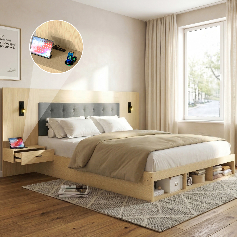 Cama doble 160x200 cm con almacenaje y mesitas mdf – color roble claro