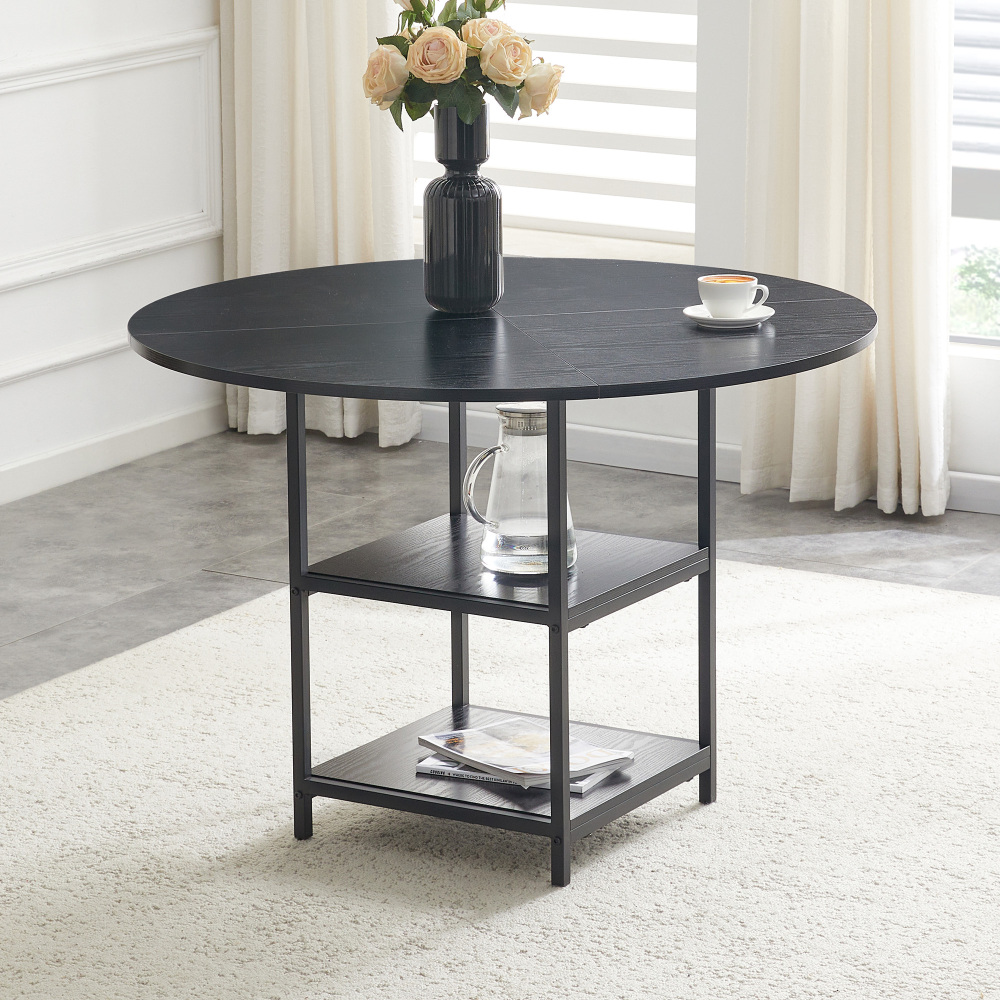 Mesa de comedor redonda con doble estante negra 75x107x107cm