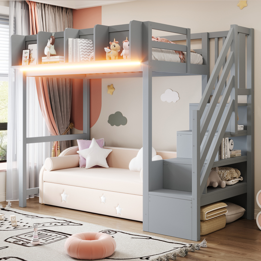 Cama alta 90x200 cm con almacenaje y LED madera – gris