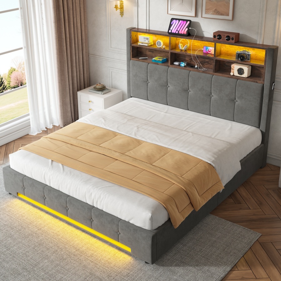 Cama tapizada 160x200cm con LED, usb-c y canapé gris