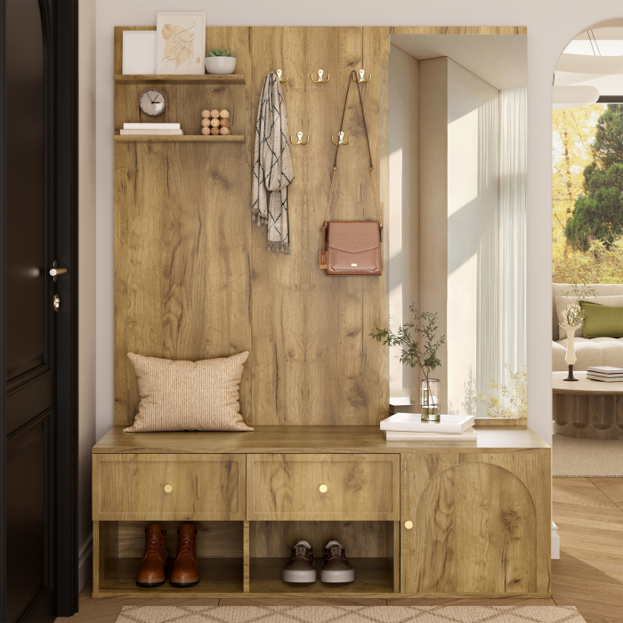 Garderobe de recibidor natural con espejo 2 cajones 5 ganchos 159x120x35cm