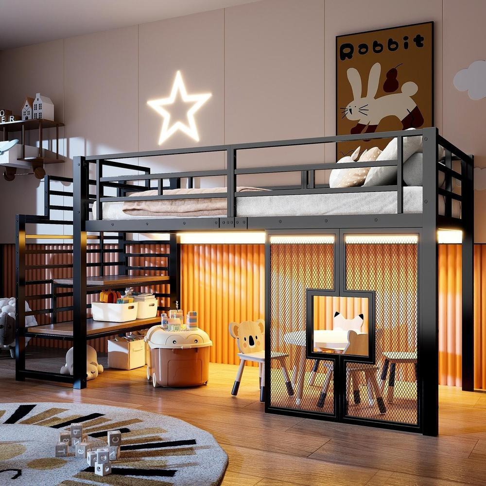 Cama alta de metal 90x200cm, escalera con almacenaje, LED, negra