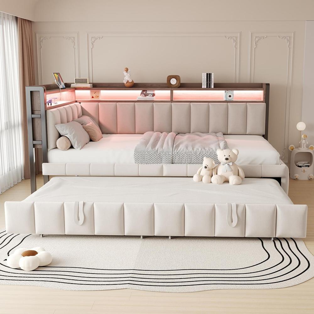 Sofá cama 90x200cm, de terciopelo beige, cama nido, LED, usb-c