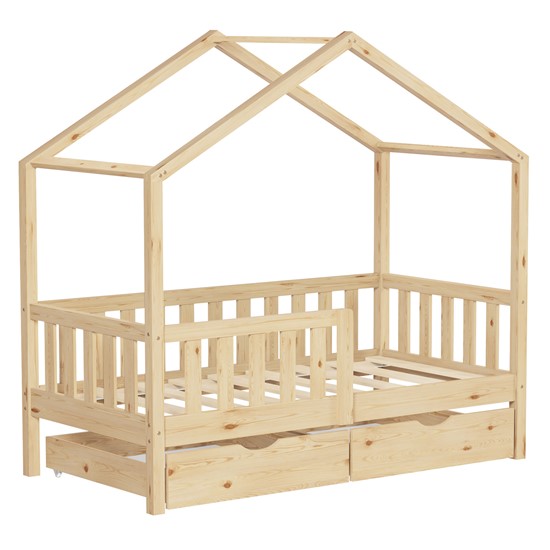 Cama infantil casa madera natural maciza de pino 70x140cm 2 cajones