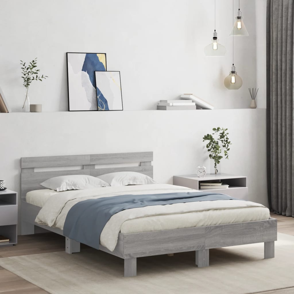 Cama cabecero y luces LED gris sonoma 120x190 cm