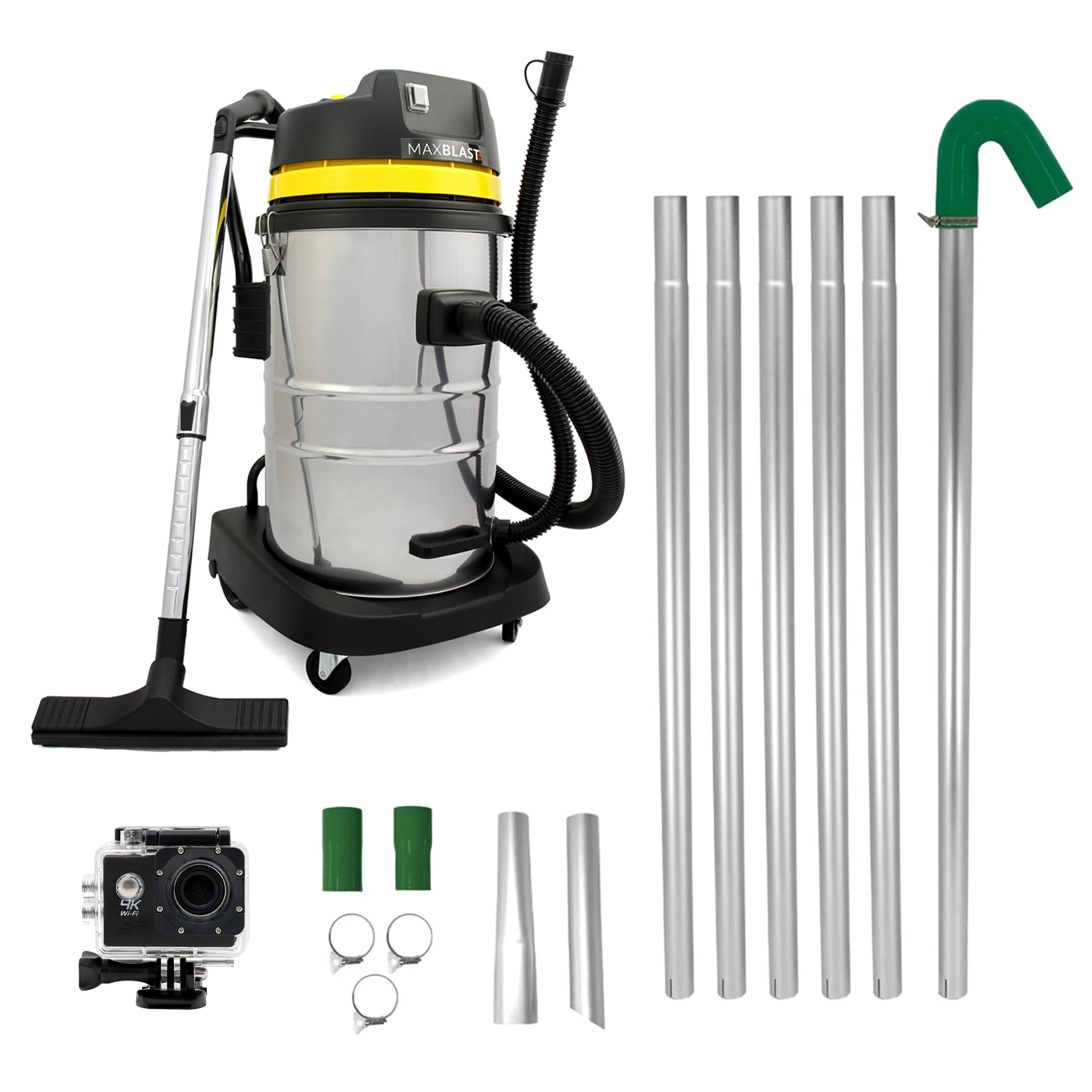 Kit limpieza de canalones: aspiradora 50l, tubos y cámara 4k