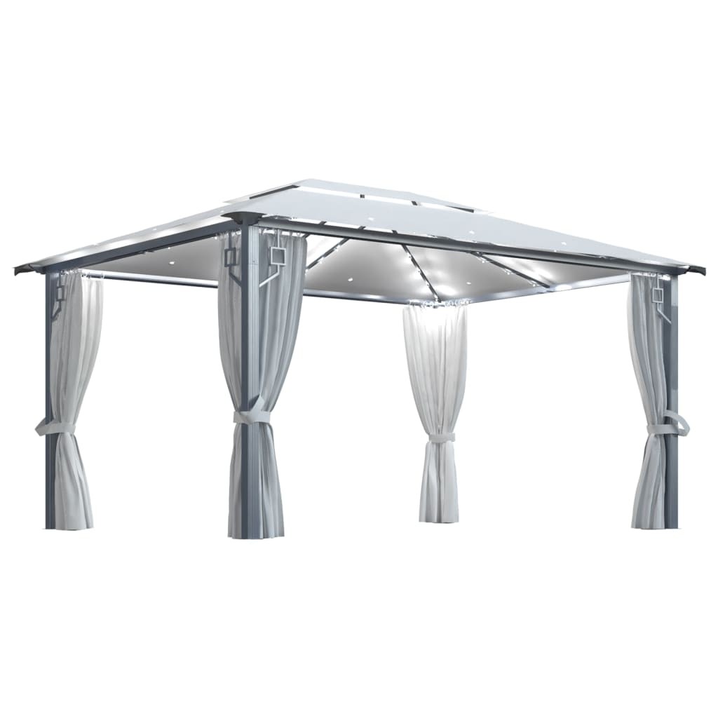 vidaXL cenador con cortina y tira luces LED aluminio crema 400x300 cm