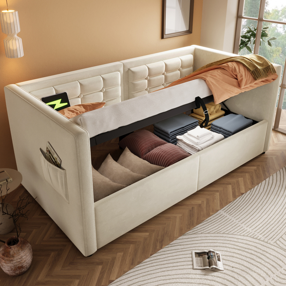 Sofá cama 90x200cm con canapé hidráulico y usb-c terciopelo beige