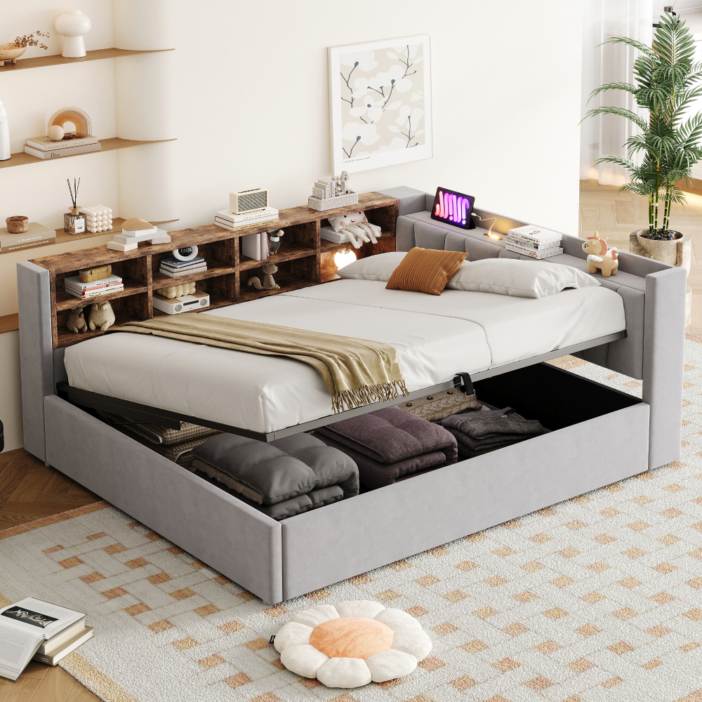 Cama tapizada 140x200cm con canapé, luz y usb-c terciopelo gris claro