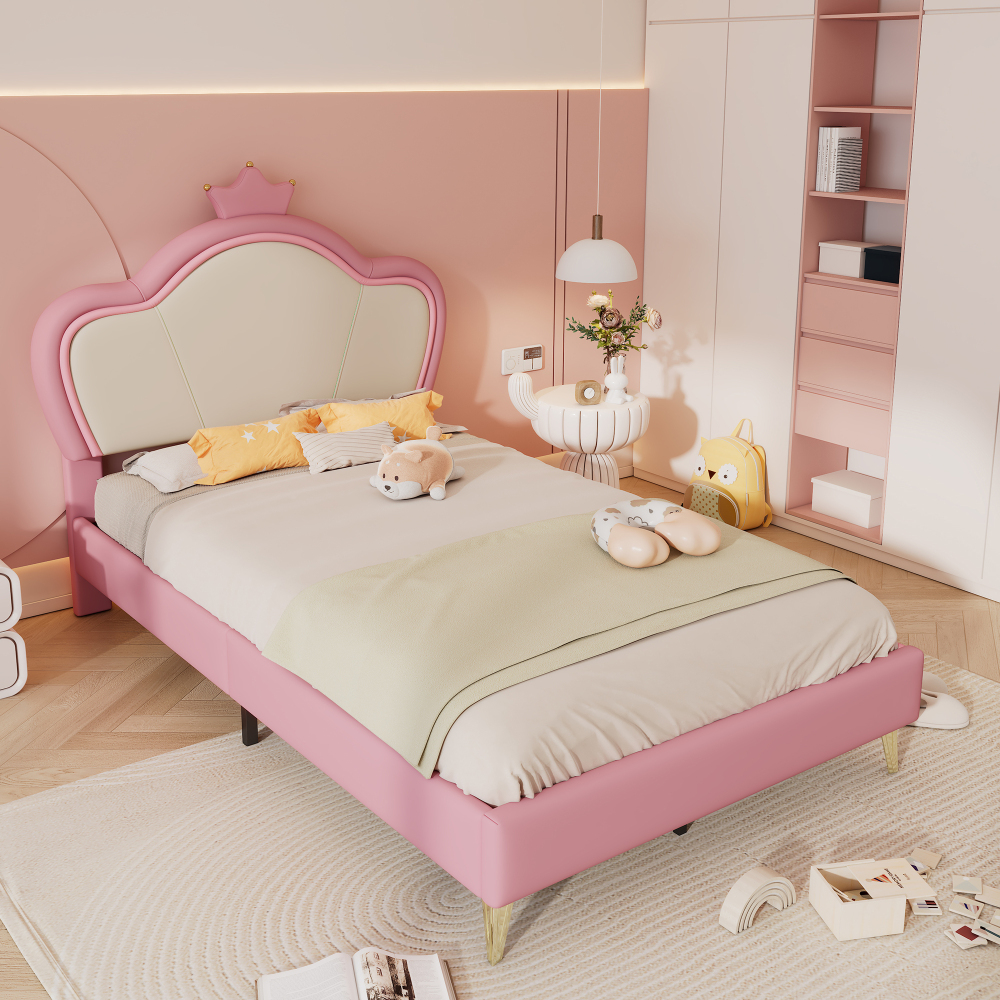 Cama individual tapizada 90x200cm con cabecero corona pu – blanco y rosa